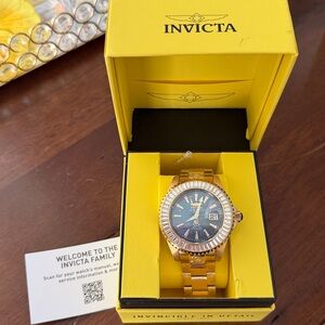 Invicta Gold Tone Watch with Blue Dial and Crystal Bezel